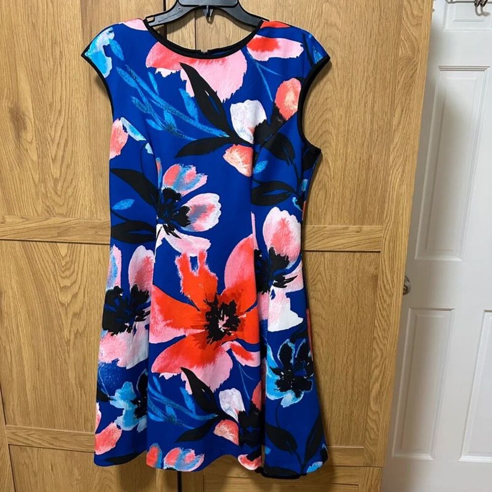 Vince Camuto Dress 14 Blue Floral Fit Flare A-Line Back Zip Stretch Lined